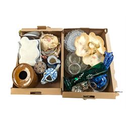 Green glass vase, together with mottled blue glass vase together with other glass and ceramics, in two boxes