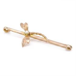 Early 20th century rose gold dragonfly bar brooch, set with a single white / cream pearl, ...