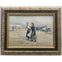 Robert Jobling (Staithes Group 1841-1923): Fisherfolk on the Beach at Cullercoats, watercolour signed 25cm x 36cm