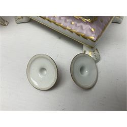 Limoges France hand painted ink well pot stand with lion paw feet, together with  pot pourri vase and cover in the shape of an egg raised on three scroll feet, ink well H14cm 