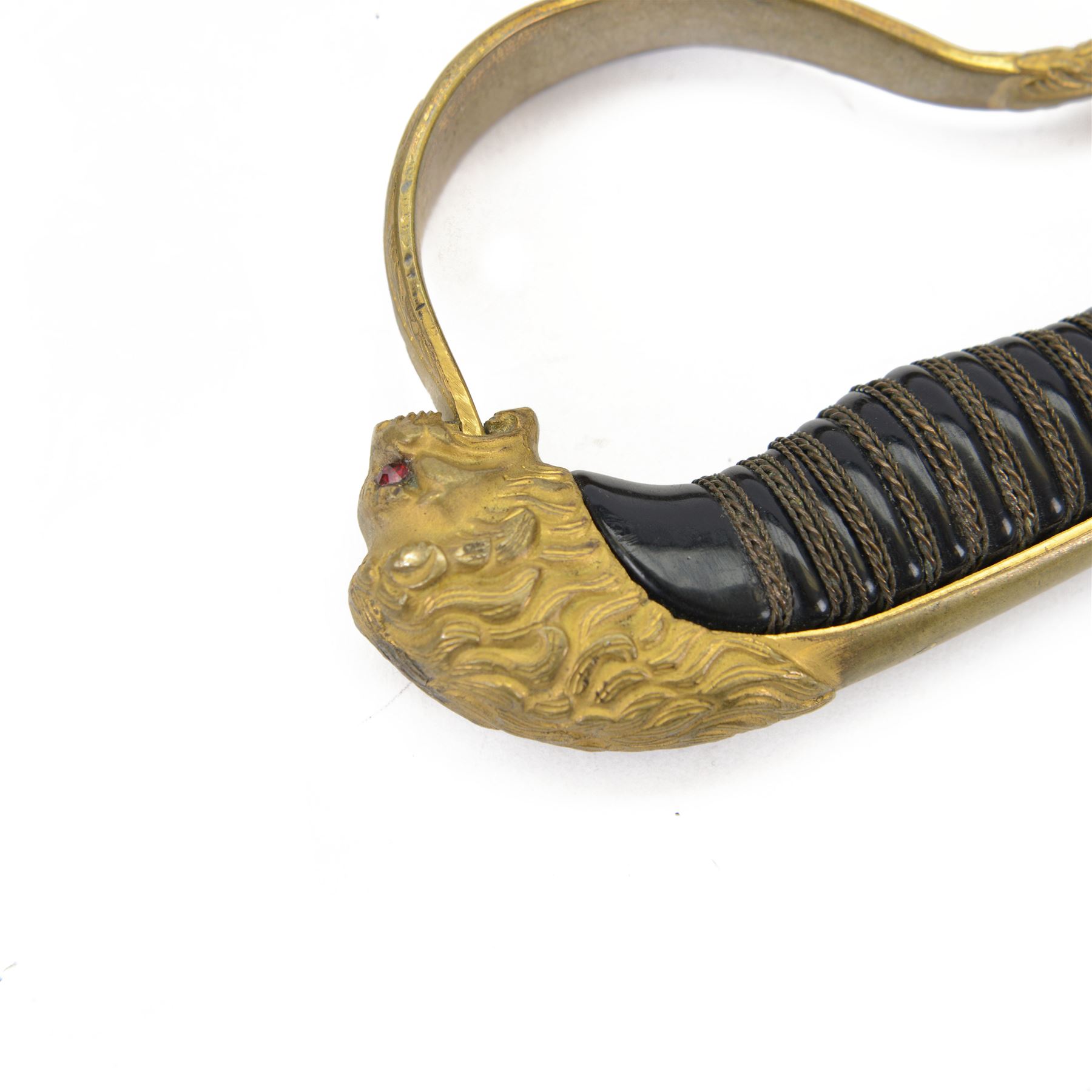 Dutch infantry officer sword with wire bound grip lion pommel and single bar hilt, single edged fullered blade marked 'Yzerhouwer', in black metal scabbard, blade L96cm, overall L110cm