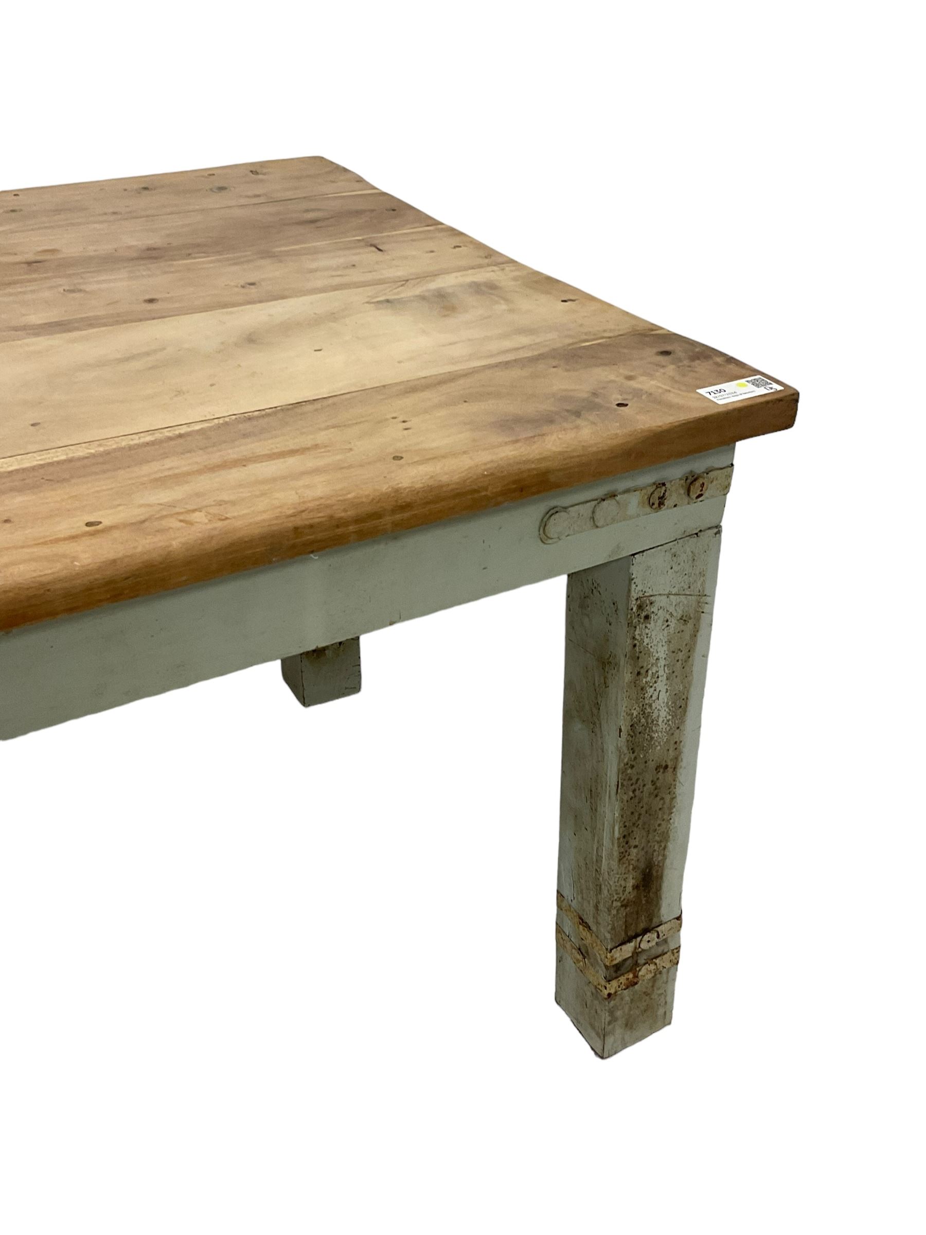 Painted hardwood farmhouse kitchen dining table, rectangular top on painted base, on square supports, bound with metal strappings 