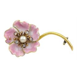 Edwardian 18ct gold pink porcelain, diamond and pearl flower brooch