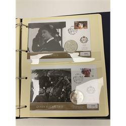 Stamp and coin covers, including 2006 'Her Majesty Queen Elizabeth II 80th Birthday' containing five pounds coin, first day covers relating to Diana Princess of Wales etc, housed in a ring binder folder