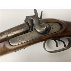 19th century Indian .577 Enfield muzzle loading rifle, proofed for 26-bore, the 98.5cm barrel with three barrel bands and later ram rod L140cm overall; 19th century Belgian side-by-side double barrel percussion shotgun, approximately 20-bore, with 74cm barrels and studded walnut stock, lock plate marked 'Liege 1868' and 'V. Gulikers-Maquinay' L117cm overall; and another side-by-side double barrel shotgun by Smythe with underlever opening (3)