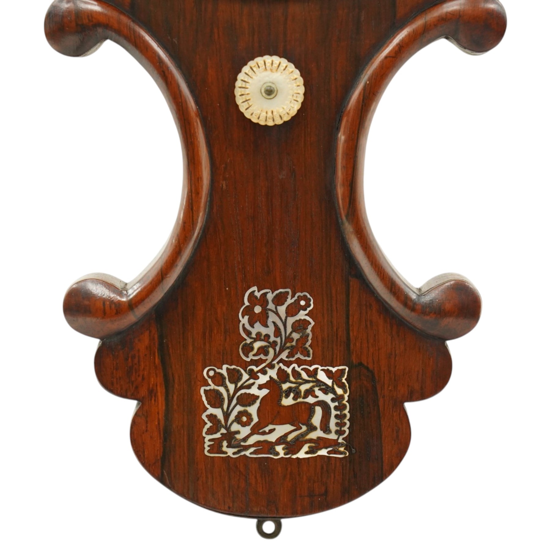 J. Somalvico & Co., Hatton Garden, London - early 19th century rosewood wheel barometer, the shaped banjo-form case inlaid in mother-of-pearl with foliate and animal motifs, incorporating a mercury thermometer above the circular silvered dial with weather indications, globe motif and brass bezel, signed 'J. Somalvico & Co.'