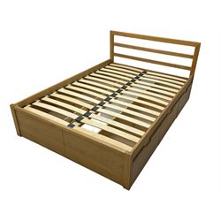 Contemporary oak framed 4' 6'' double bedstead, fitted with three drawers, together with 'Hypnos' mattress
