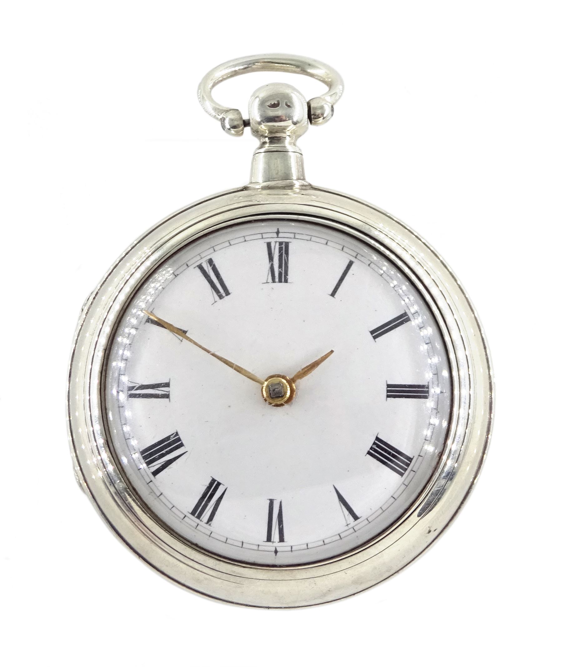 Victorian silver pair cased verge fusee pocket watch by Thomas Martin, London, No. 8139, pierced and engraved balance cock decorated with a mask, white enamel dial with Roman numerals, case by William Carter, London 1856