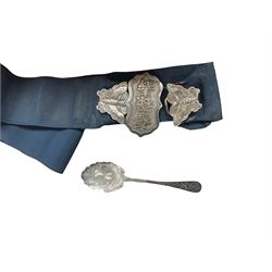 Chinese silver belt buckle together with silver spoon, hallmarked