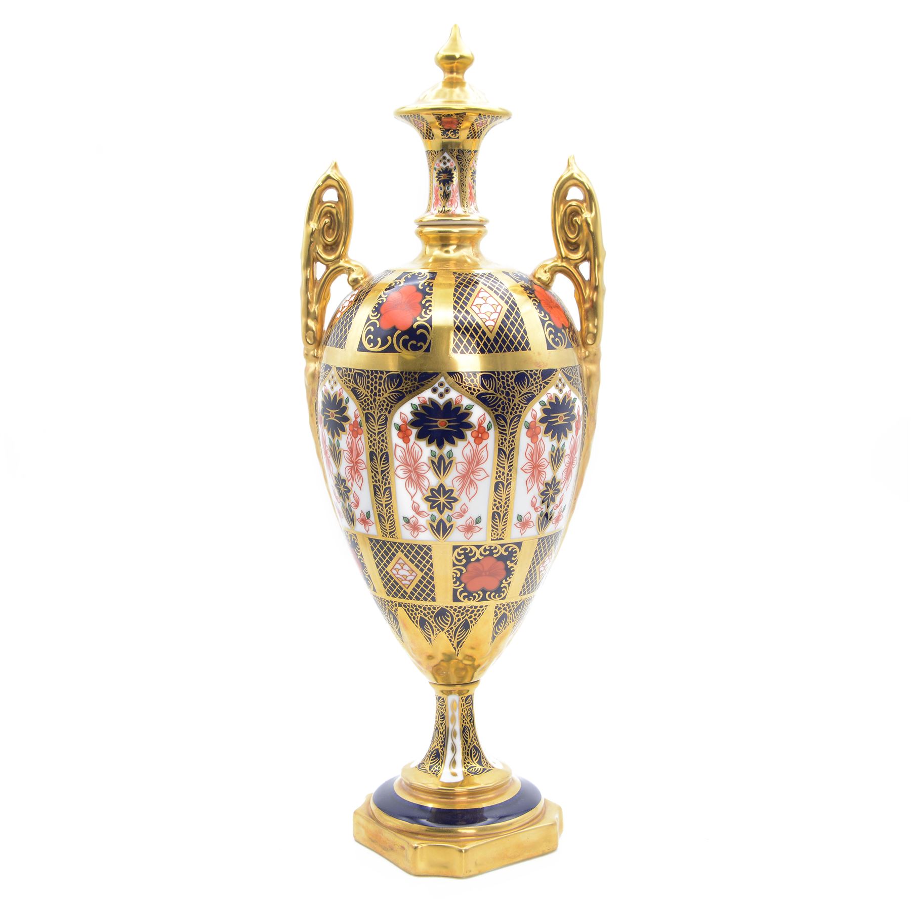 Royal Crown Derby Imari 1128 pattern twin handled urn, with printed marks beneath including year cypher 2005, second quality, H32cm