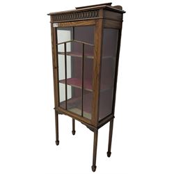 Early 20th century oak display cabinet, single astragal glazed door enclosing two shelves, square tapering supports on spade feet