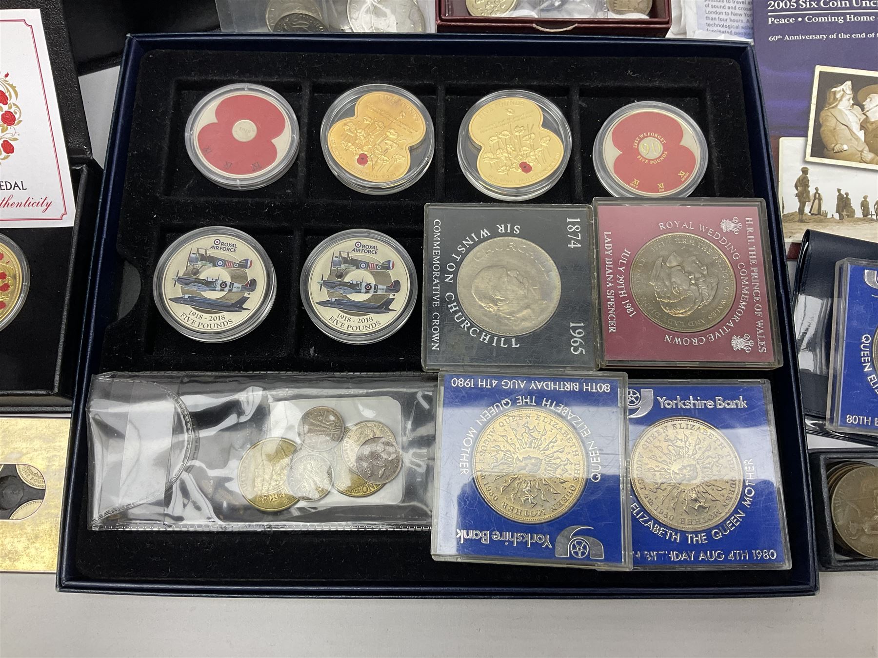 Commemorative and other coinage, including various Queen Elizabeth II 'London 2012 sports collection' fifty pence coins on cards, commemorative crowns, Millennium 2000 'Time Capsule' coin set, channel islands old round one pound coins, part sets etc
