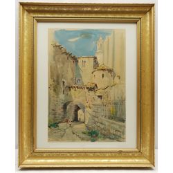 Spanish School (20th century): Figures Beneath an Arch in Girona, watercolour and ink indistinctly signed 44cm x 30cm
