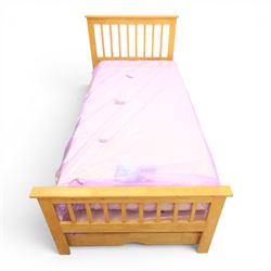 Contemporary light oak trundle bed, slatted headboard and footboard,  incorporating pull-out trundle bed on castors, complete with two memory foam mattresses