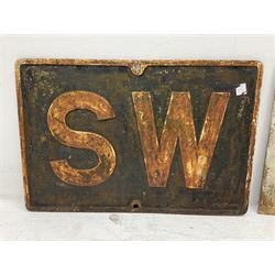 Pierced metal sign 'Please Ring For Gateman' and cast iron sign 'SW' cast iron sign H48cm, L73cm