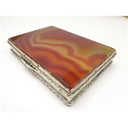 Continental silver and orange banded agate rectangular box with hinged lid and gilded interior, stamped '900', makers mark 'F.C' 8cm x 5.5cm