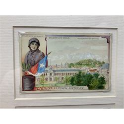 Six original illustrations for Liebig cards, mounted within a gilt frame, frame 71cm, W27cm