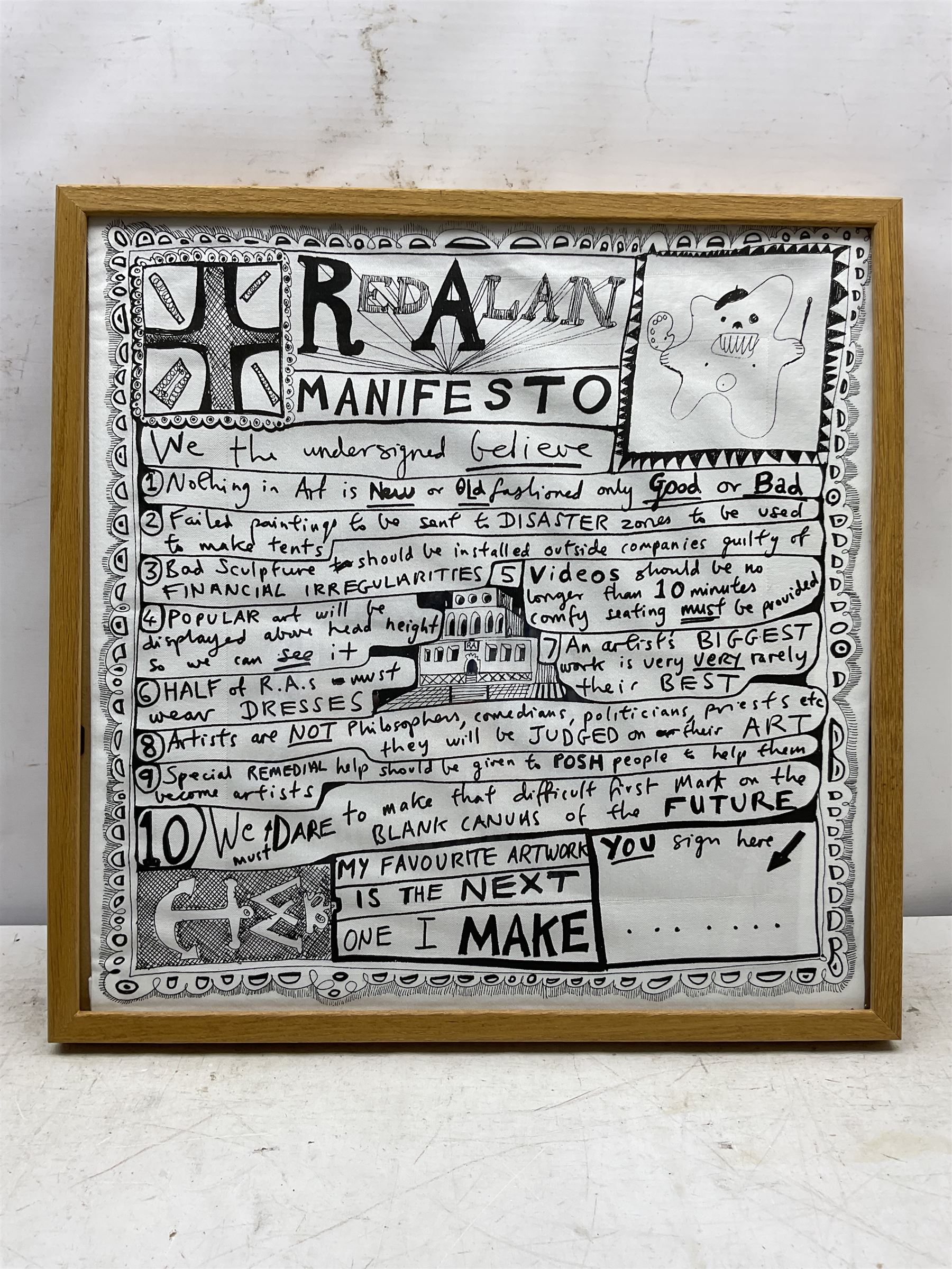Sir Grayson Perry RA (British 1960-): 'Red Alan Manifesto', digital print on a cotton napkin 50cm x 50cm
