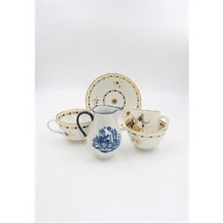 18th century Caughley blue and white sparrow jug, decorated in the Mother and Child pattern, circa 1780-1790, with underglaze C mark beneath, H9cm, together with a Worcester coffee cup, circa 1785 painted with floral sprays in underglaze blue and gilt, with crescent mark beneath, and a Caughley trio of tea cup, tea bowl and saucer, each of moulded wrythen fluted form and decorated with gilt and blue sprigs and bands, each with crescent mark beneath, (5)