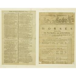 Two 18th century handbills for horses entered to run on Port-Meadow, near Oxford August 1762 listing the runners and owners etc each approx 30cm x 20cm , two other handbills for York races August 1805 and another for Doncaster races September 1803 in one frame 45cm x 116cm 
Provenance: property of a Nobleman