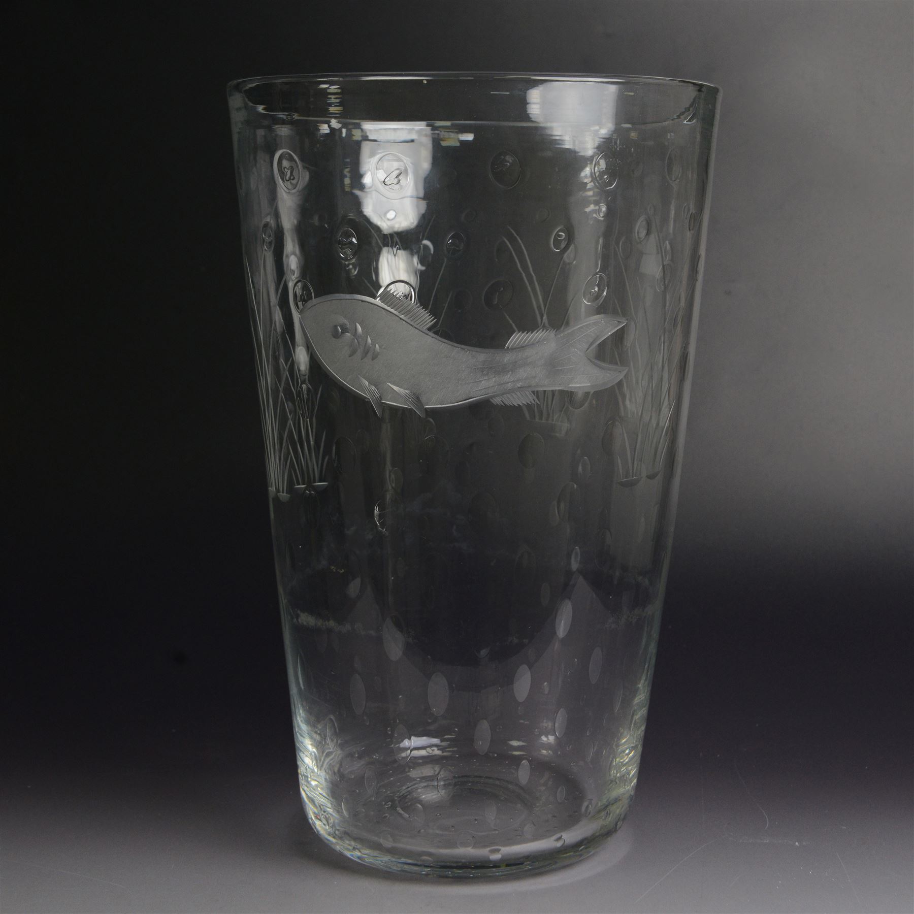 David Hammond for Thomas Webb, glass fish vase, with  air bubble inclusions, etched and engraved with a fish, marked beneath, H30cm