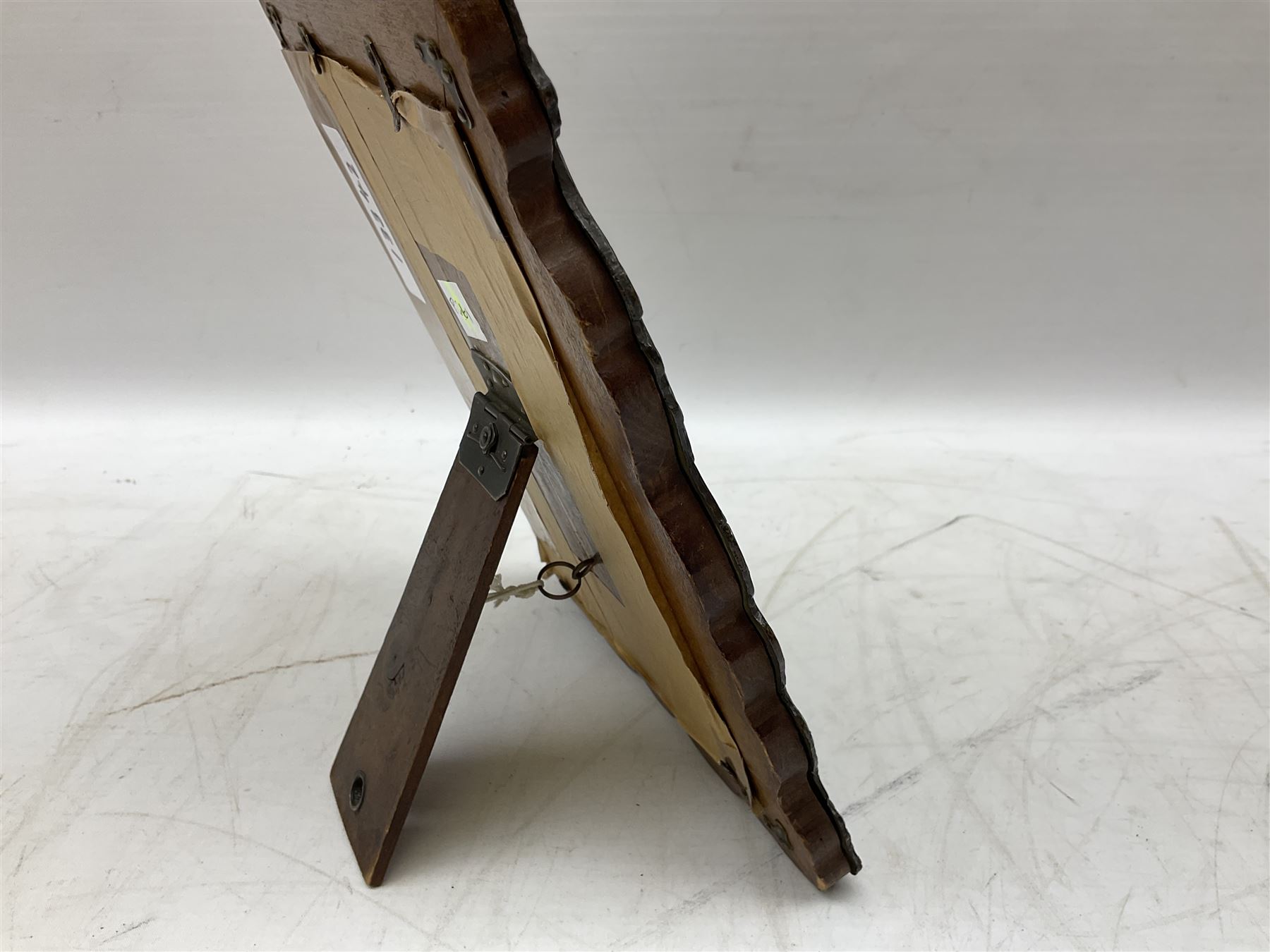 Japanese bronzed antimony frame, decorated with dragons and ho ho birds, easel stand to reverse, containing Continental crystoleum of female nude, H24cm