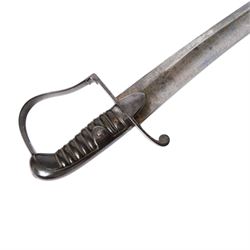 British 1796 pattern, light cavalry officers' saber, by Wooley, Deakin, Dutton of Birmingham, the 80cm single edge curved blade retaining traces of original blue and gilding which bears the coat of arms of George III and military trophies, the steel stirrup hilt with leather bound grip and original silver triple wire binding, within steel scabbard with twin suspension rings, overall L98cm  