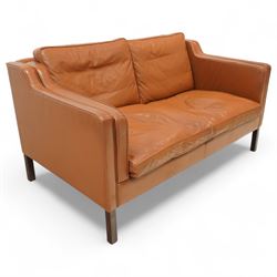 Stouby - Danish design two-seater sofa, upholstered in tan leather with loose cushions and square tapering stained hardwood legs