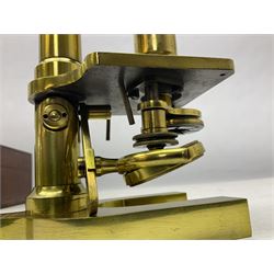 19th century brass monocular microscope by R. & J. Beck London No.18760 with hinged column and pitchfork base H25cm; in fitted mahogany case with two lenses