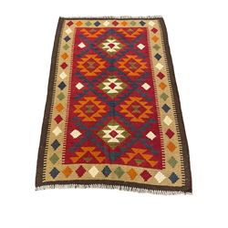Maimana kilim, blue and red ground with orange and green highlights, overall geometric design, 