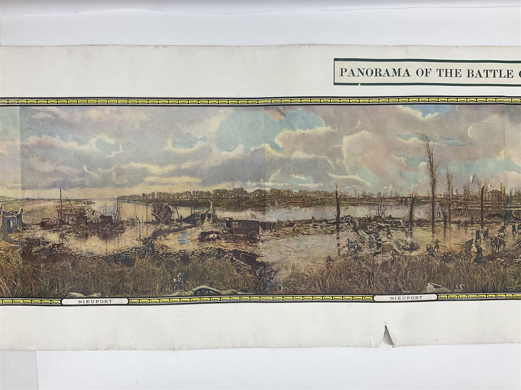 After A. Bastien, very long WW1 panoramic colour print entitled 'Panorama of the Battle of the Yser in 1914' depicting Ypres, Dixmude, Boucle de Tervaete, Nieuport (2) and region des Dunes, flanked by Flags of the Allies 45 x 337cm; unframed