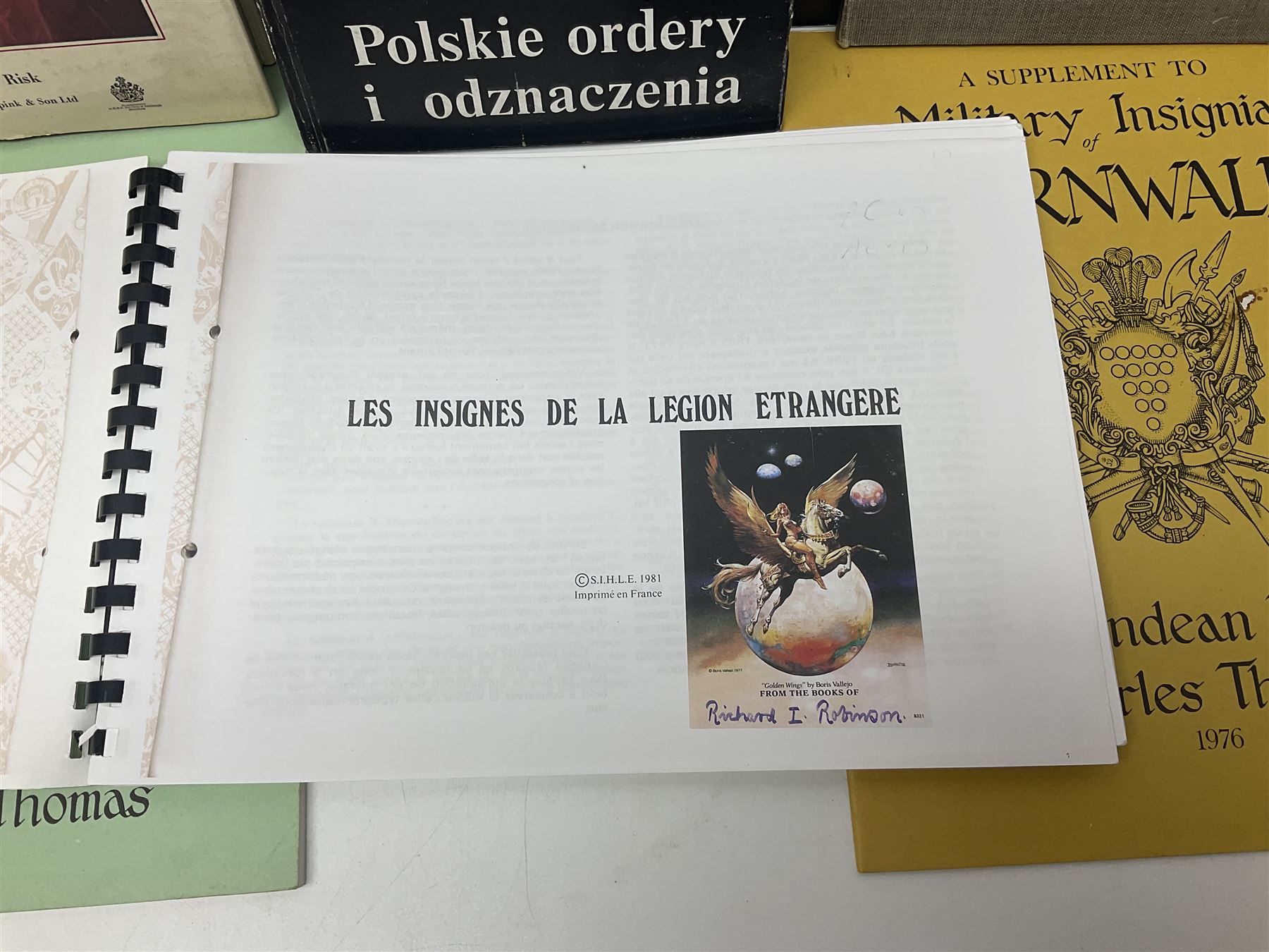 Five reference books on medals and orders including Vaclav Mericka: Book of Orders and Decorations; Polskie ordery i odznaczenia; James C. Risk: The History of the Order of the Bath; Guide des ordres, decorations et medailles militaires 1814-1963; etc; together with two works on Cornish Military Insignia; and Insignes De la Legion Etrangere (8)