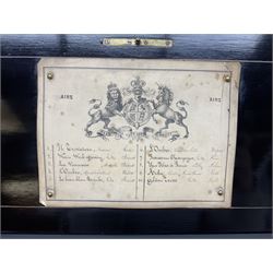 Victorian rosewood and ebonised music box, the hinged cover with inlaid geometric motif opening to reveal a brass crank handle and glass viewing lid covering a twelve inch cylinder, comb with seventy two teeth, and jewelled governor, playing ten airs as detailed on the song sheet, H14cm W56.5cm D23cm