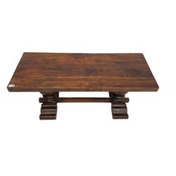 Hardwood rectangular coffee table, twin pedestal base