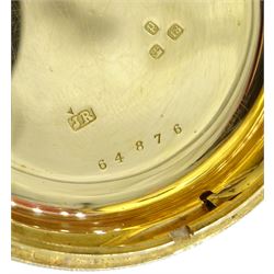 Victorian 18ct gold open face English lever fusee pocket watch by Soloman Myers, London, No.64876, gilt dial with Roman numerals and subsidiary seconds dial, case makers mark J R, London 1870