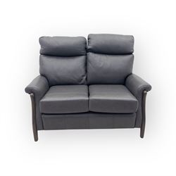 Rogers of York - two seat sofa, upholstered in grey leather with padded back and seat cushions, raised on stained beech supports