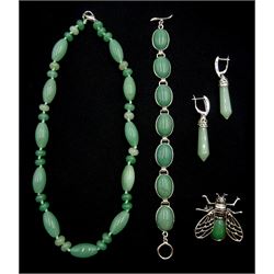 Pair of silver jade pendant earrings, stamped 925, jade bead necklace, bracelet and bug brooch