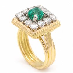 French 18ct gold emerald and diamond cluster ring, single octagonal cut emerald of approx 1.00 carat, surrounded by twelve round brilliant cut diamonds in a square setting, Eagle hallmark, total diamond weight approx 0.85 carat