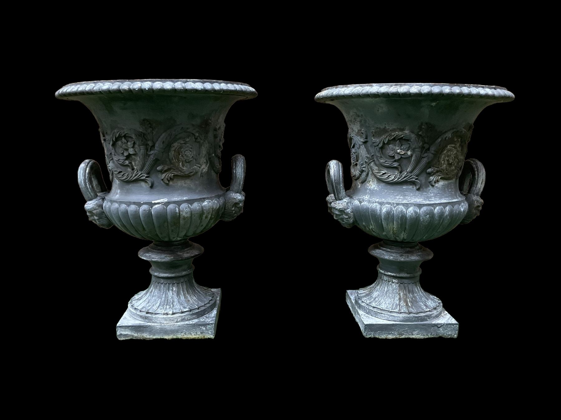 Pair of Victorian ornate cast iron garden urns, painted in grey finish - THIS LOT IS TO BE COLLECTED BY APPOINTMENT FROM DUGGLEBY STORAGE, GREAT HILL, EASTFIELD, SCARBOROUGH, YO11 3TX