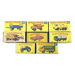 Matchbox - eight '1-75' series models comprising 4d Stake Truck, 28d Mack Dump Truck, 32c Leyland Petrol Tanker, 39c Ford Tractor, 40c Hay Trailer, 53 Mercedes Benz Coupe, 63c Dodge Crane Truck and 70c Ford Grit Spreading Truck; all boxed (8)