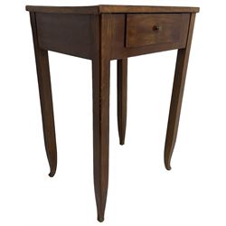 19th century Biedermeier design maple and beech side table, figured book-matched maple veneer top over single drawer, on square tapering supports terminating to pointed feet