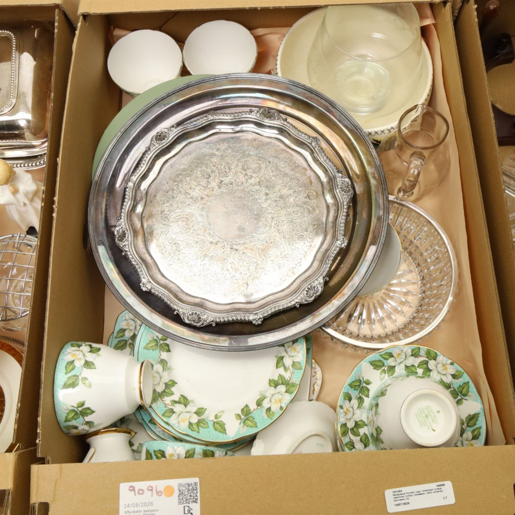 Royal Doulton figure Bedtime HN1978, plated entree dish, other plated items, tea set and other items in three boxes