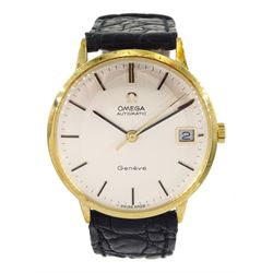 Omega gentleman's 18ct gold automatic wristwatch, Cal 565, silvered dial hour baton markers and date aperture, on Omega black leather strap, with Omega gold-plated buckle