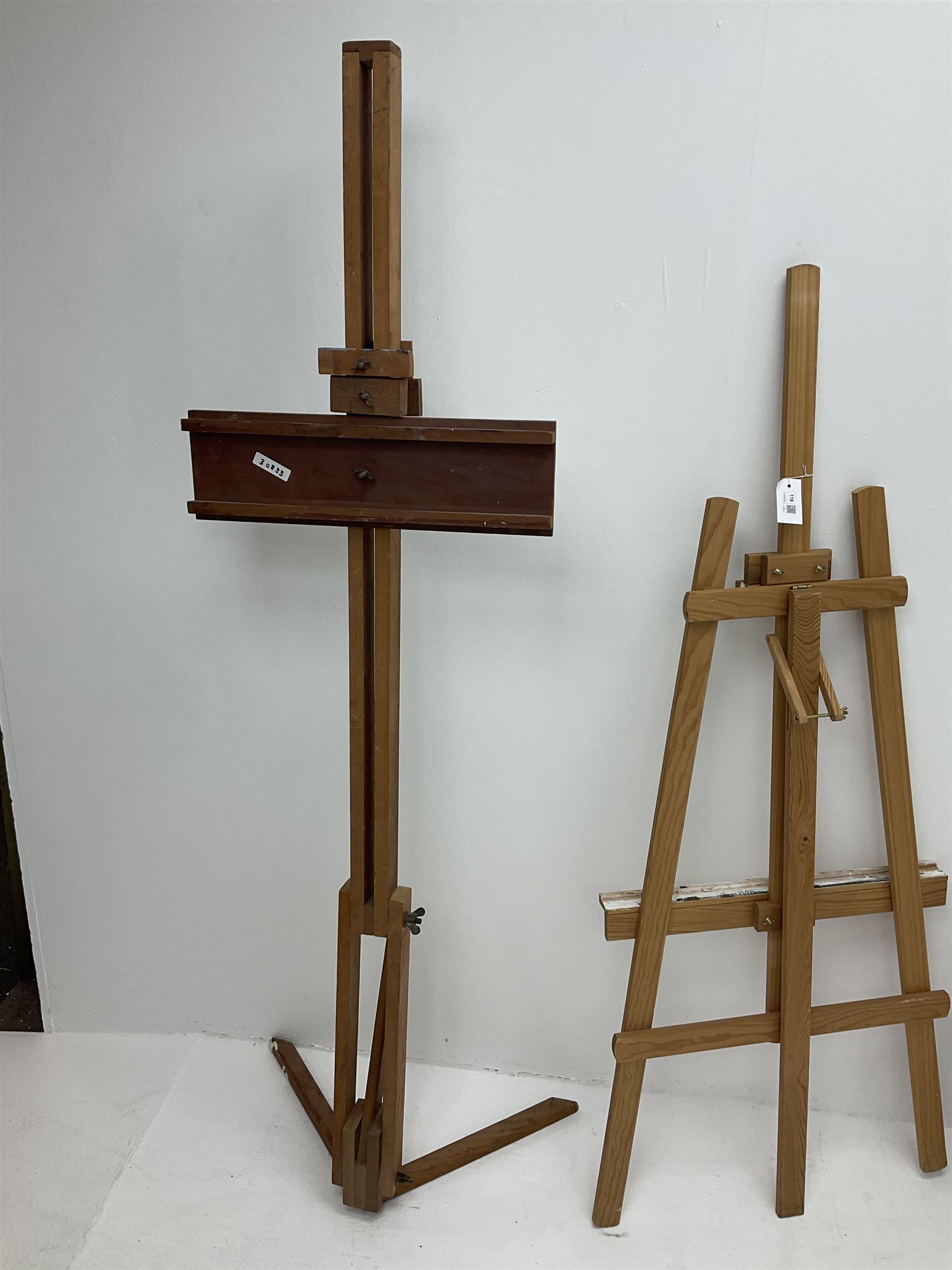 A group of four artist's easels, largest example H150cm. Decorative Antiques & Collectors Sale