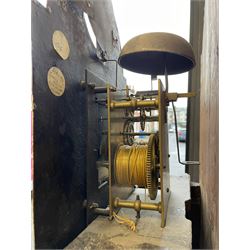 William Gostling of Diss  (Norfolk)-  Late 18th century 8-day oak longcase clock c1780-90, break arch top with scalloped cresting and three brass finials, glazed break arch hood door flanked by turned pilasters with brass capitals, trunk with a long trunk door and rounded top on a square plinth with an applied and shaped skirting, early painted Wilson of Birmingham dial with Roman numerals and five minute Arabic's, matching steel hands and second pointer, arched square ended calendar aperture with date disc behind, floral spandrels within gesso borders and a painted rocking automaton representing Mercury to the break arch, dial pinned via a false plate to a weight driven rack striking movement with a recoil anchor escapement, striking the hours on a cast bell. With pendulum weights and key. 
William Gostling (II) is recorded as working in Diss from 1774 to 1797, succeeded by widow Anne and son George . The dial of this clock is illustrated and discussed in detail in M.F. Tennants book 