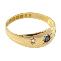 Edwardian 18ct gold gypsy set three stone sapphire and diamond ring by A W Crosbee & Co, Birmingham  1906