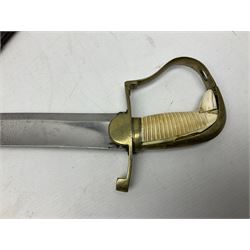 British pattern 1796 Light Cavalry Officer's sword, the 83.5cm curving steel blade marked 'W. Parker London' and 'Warranted' verso, brass stirrup hilt with half-round langets, knucklebow and backstrap with ribbed ivory grip; in brass mounted leather covered scabbard with two suspension rings L97cm overall. This item has been registered for sale under Section 10 of the APHA Ivory Act 