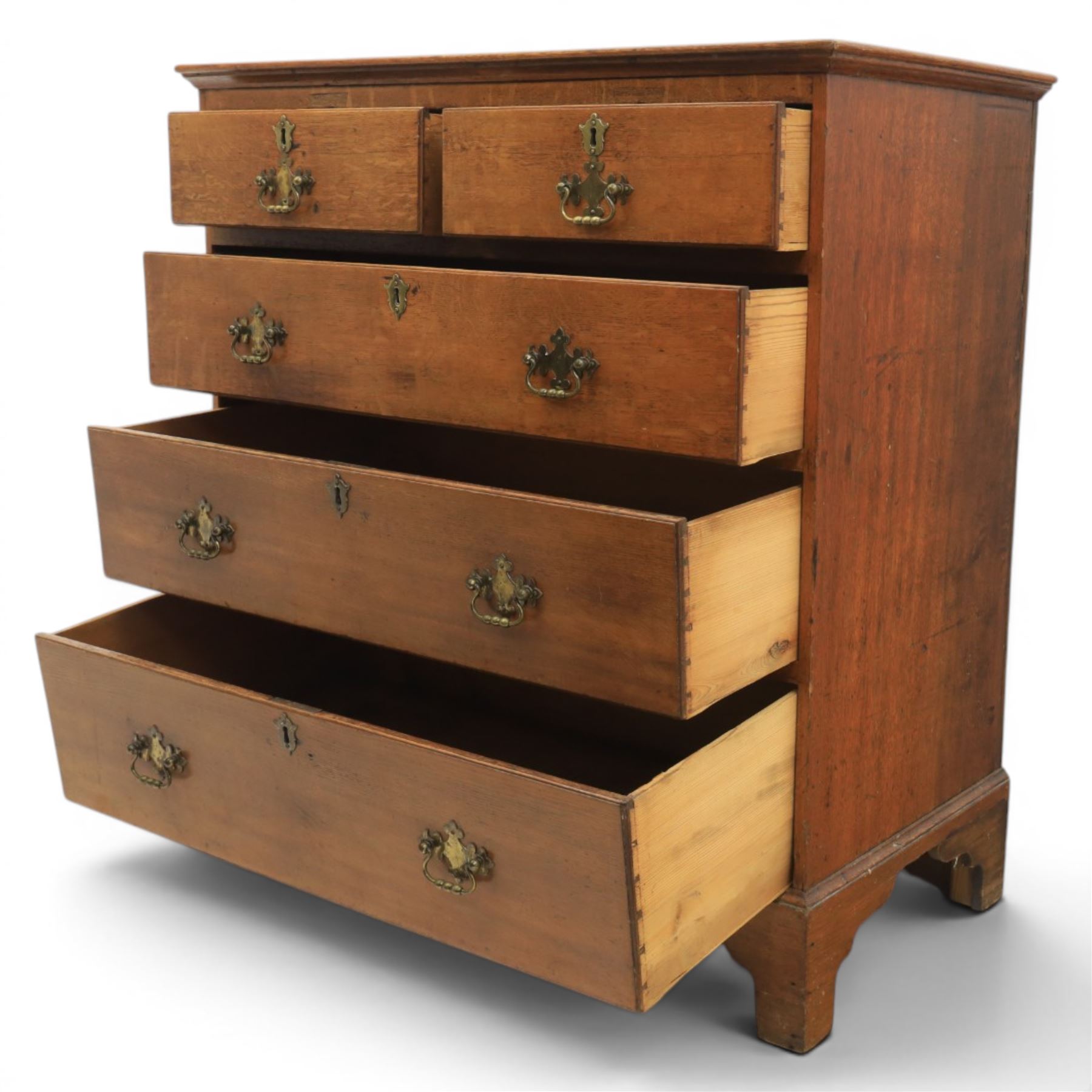 18th century oak chest, moulded rectangular top, above two short over three long graduating drawers, fitted with pierced brass escutcheons and swan neck handles, on bracket feet 
