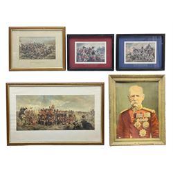 Late 19th century colour print on board half length portrait of Field Marshall Earl Roberts of Kandahar 55 x 41cm in gilt frame; and four modern colour prints of 19th century battlefield scenes (5)