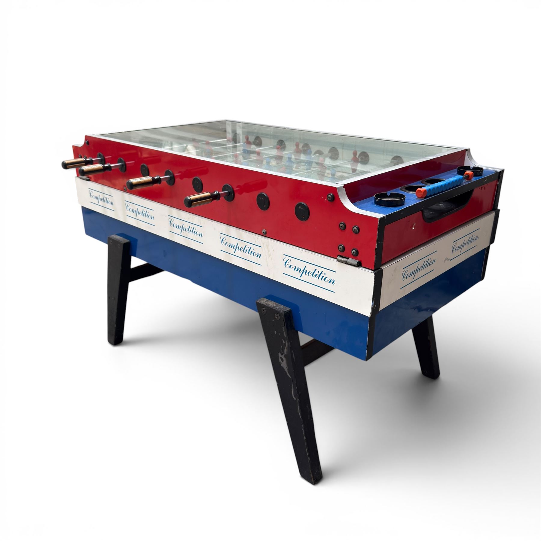 Garlando - vintage coin operated table football, tempered glass top, in red blue and white painted finish with 'Competition'  stencils, complete with ashtrays and score-trackers